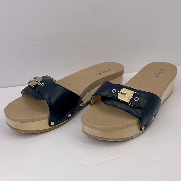 Dr Scholl’s SHOES, NAVY BLUE LEATHER TOP, ADJUSTABLE TOP STRAP, WOODEN SOLE, 9M - Picture 3 of 16
